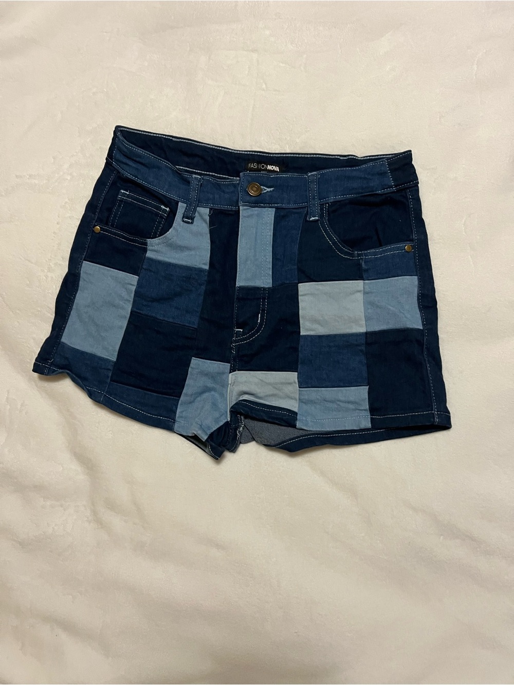 Patchwork Denim Shorts - Blue -